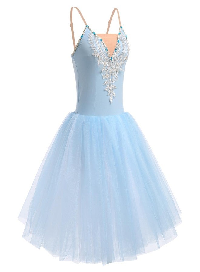 IBAKOM Ballet Leotard for Women Swan Lake Costume Floral Print Professional Ballerina Tulle Tutu Dance Dress Adult Ballet Camisole Leotard Dance Maxi Skirt Dance Competition Dresses Sky Blue S - Image 4
